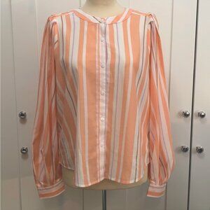 Stripe Button Front Long Sleeved Top In Multi Coral Sz Medium